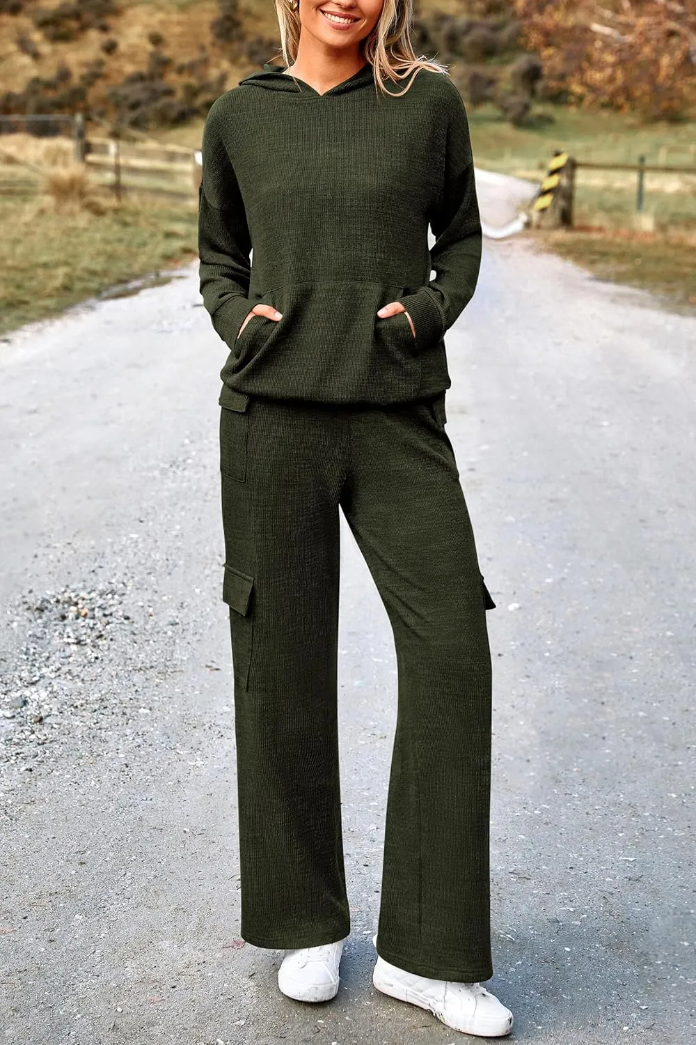 PRETTYGARDEN Women's 2 Piece Lounge Sets 2025 Fall Knitted Hoodie Pullover Tops Cargo Pants Matching Outfits Tracksuits