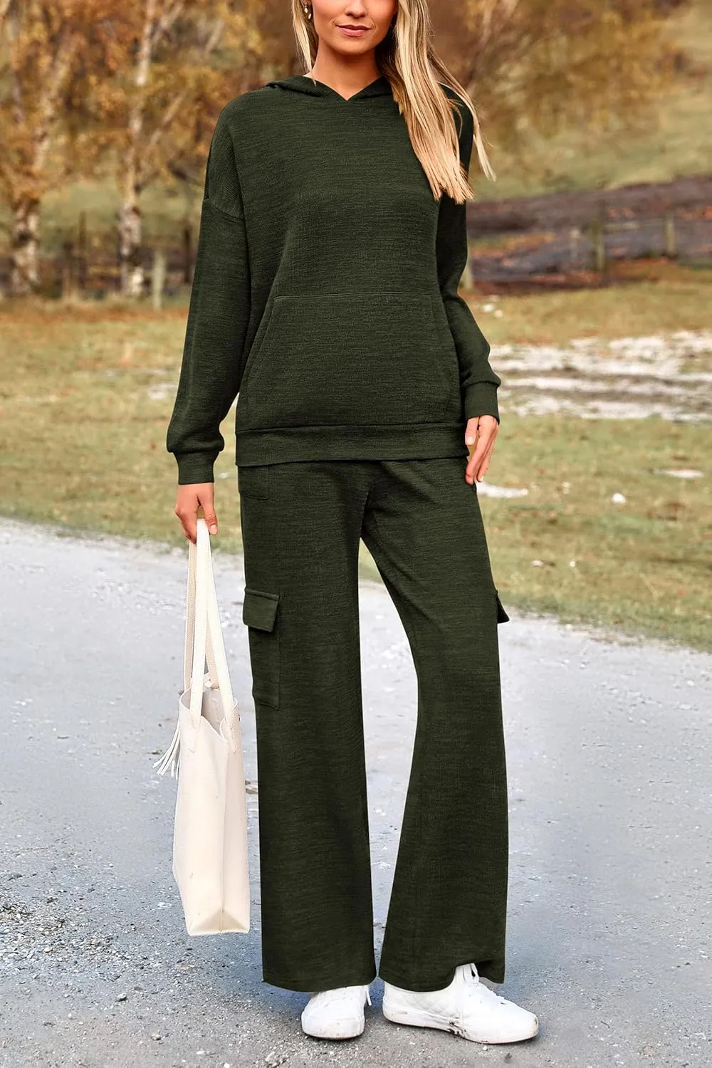 PRETTYGARDEN Women's 2 Piece Lounge Sets 2025 Fall Knitted Hoodie Pullover Tops Cargo Pants Matching Outfits Tracksuits