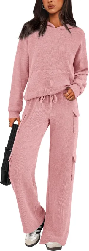 PRETTYGARDEN Women's 2 Piece Lounge Sets 2025 Fall Knitted Hoodie Pullover Tops Cargo Pants Matching Outfits Tracksuits