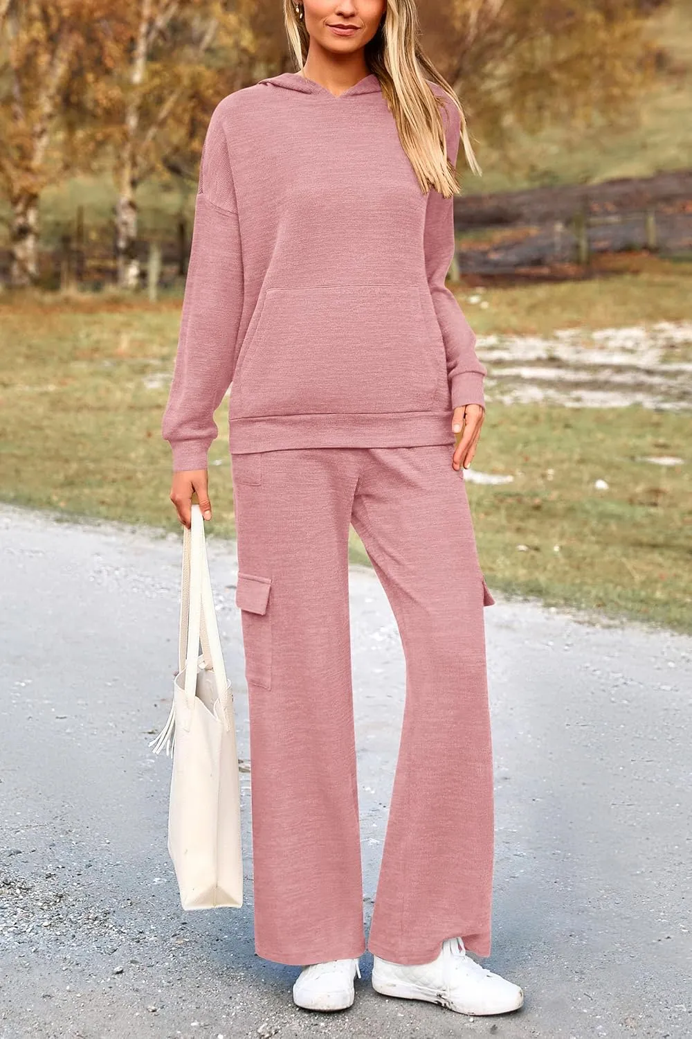 PRETTYGARDEN Women's 2 Piece Lounge Sets 2025 Fall Knitted Hoodie Pullover Tops Cargo Pants Matching Outfits Tracksuits