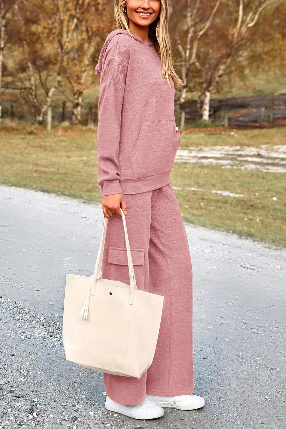 PRETTYGARDEN Women's 2 Piece Lounge Sets 2025 Fall Knitted Hoodie Pullover Tops Cargo Pants Matching Outfits Tracksuits