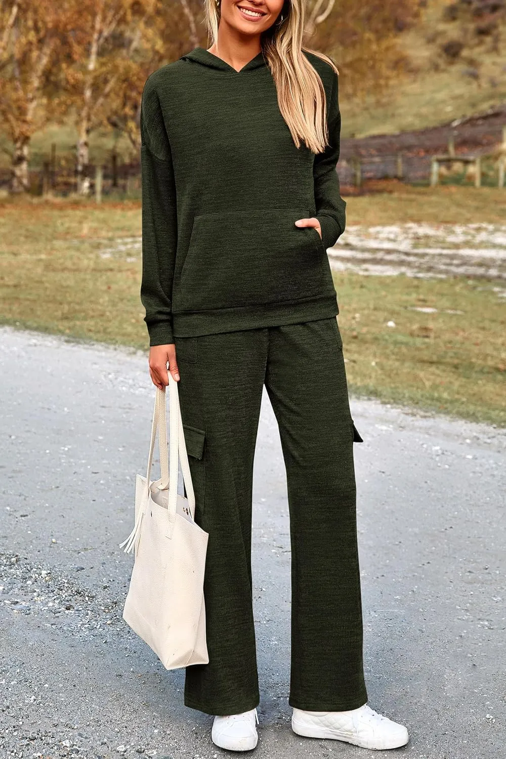 PRETTYGARDEN Women's 2 Piece Lounge Sets 2025 Fall Knitted Hoodie Pullover Tops Cargo Pants Matching Outfits Tracksuits