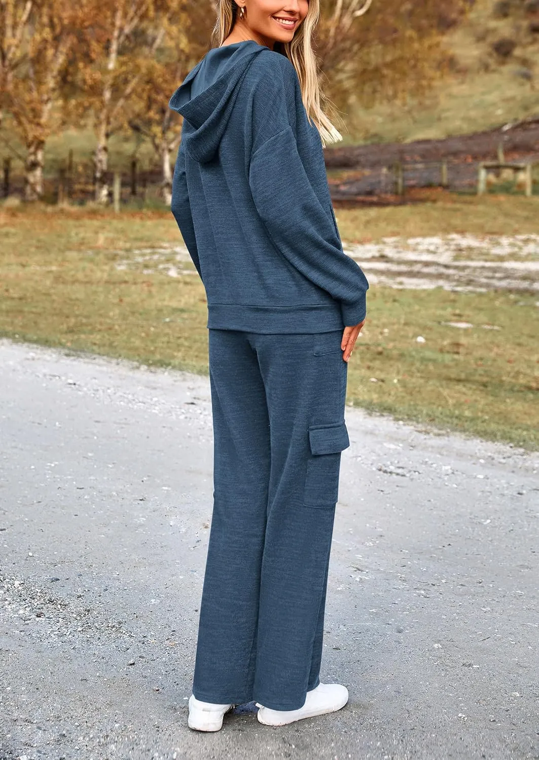 PRETTYGARDEN Women's 2 Piece Lounge Sets 2025 Fall Knitted Hoodie Pullover Tops Cargo Pants Matching Outfits Tracksuits