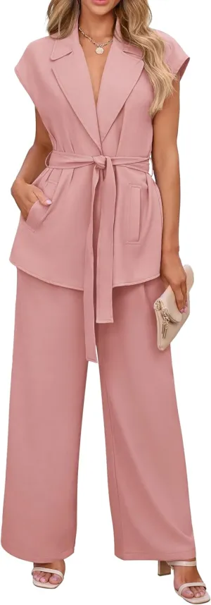 PRETTYGARDEN Women's Summer 2 Piece Outfits 2025 Cap Sleeve V Neck Blazer Vest Wide Leg Pant Sets Office Work Clothes