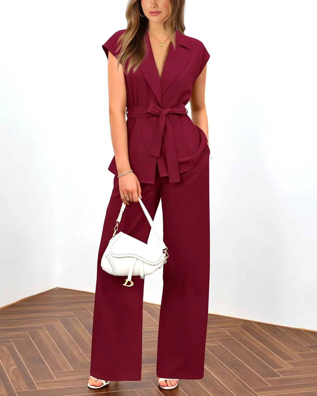 PRETTYGARDEN Women's Summer 2 Piece Outfits 2025 Cap Sleeve V Neck Blazer Vest Wide Leg Pant Sets Office Work Clothes