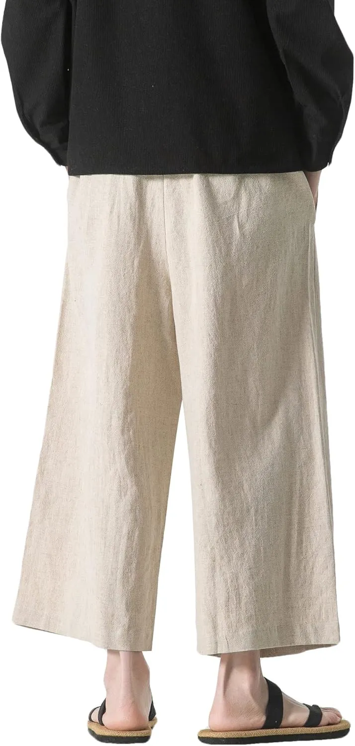PRIJOUHE Mens Casual Linen Pants Baggy Pants Lightweight Elastic Drawstring Waist Harem Pants