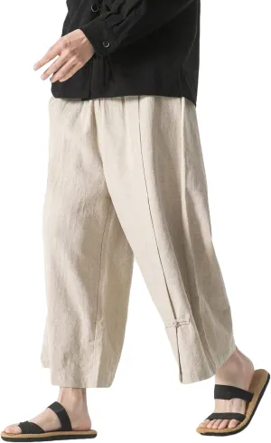 PRIJOUHE Mens Casual Linen Pants Baggy Pants Lightweight Elastic Drawstring Waist Harem Pants