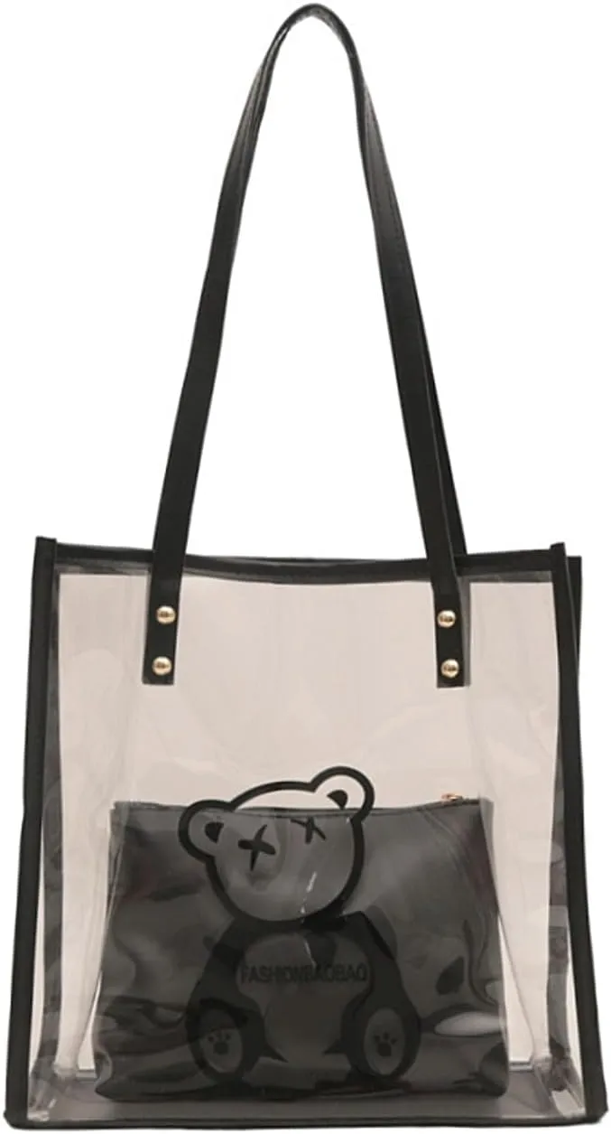 PVC Tote Bag Large Waterproof Kraft Paper Handbags with Zipper Pockets Handle for Women Work Beach Swimming