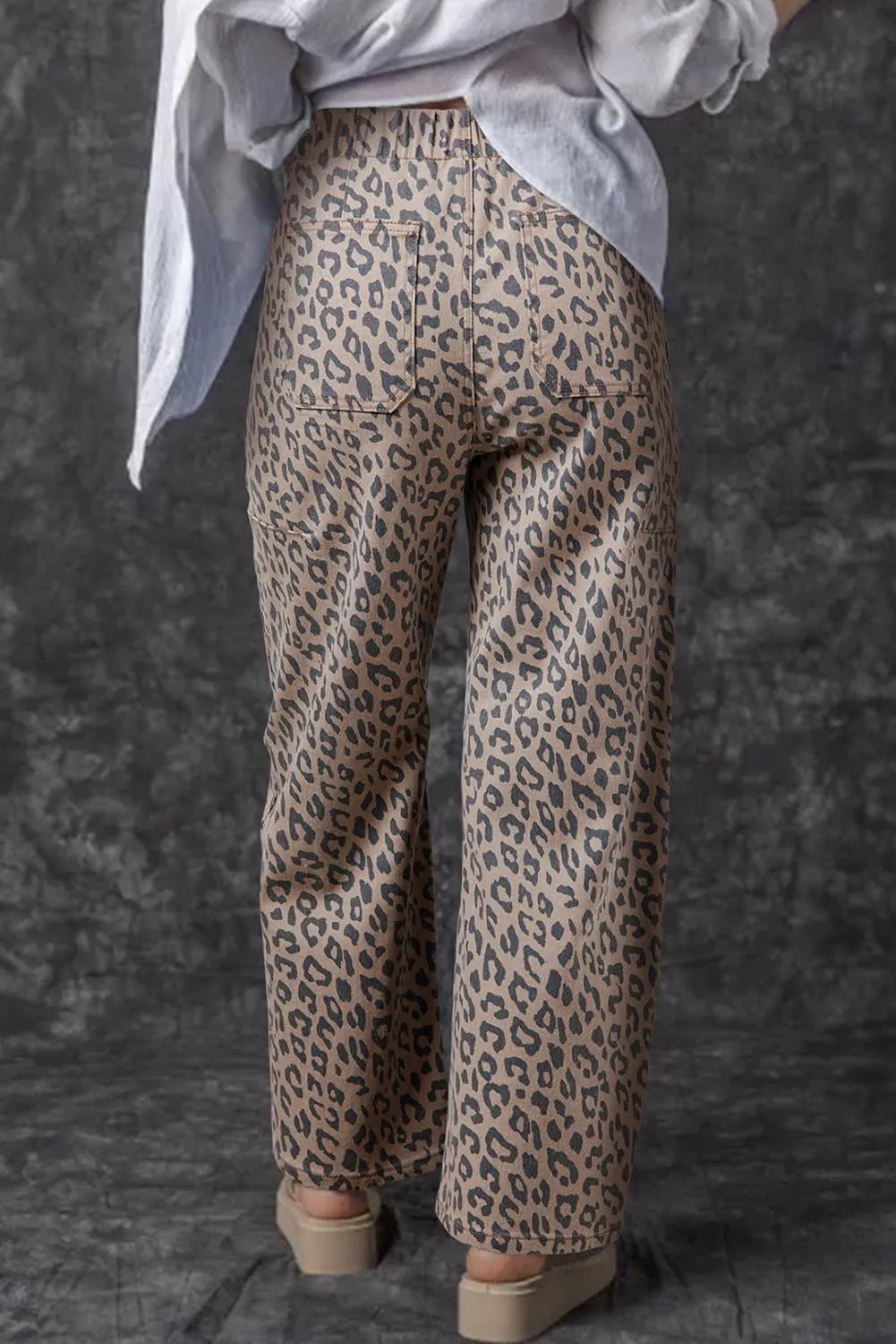 QIVICIMA Straight Leg Jeans for Women Casual Leopard Printed Drawstring Waist Pocketed Wide Leg Jeans Daily Denim Pants