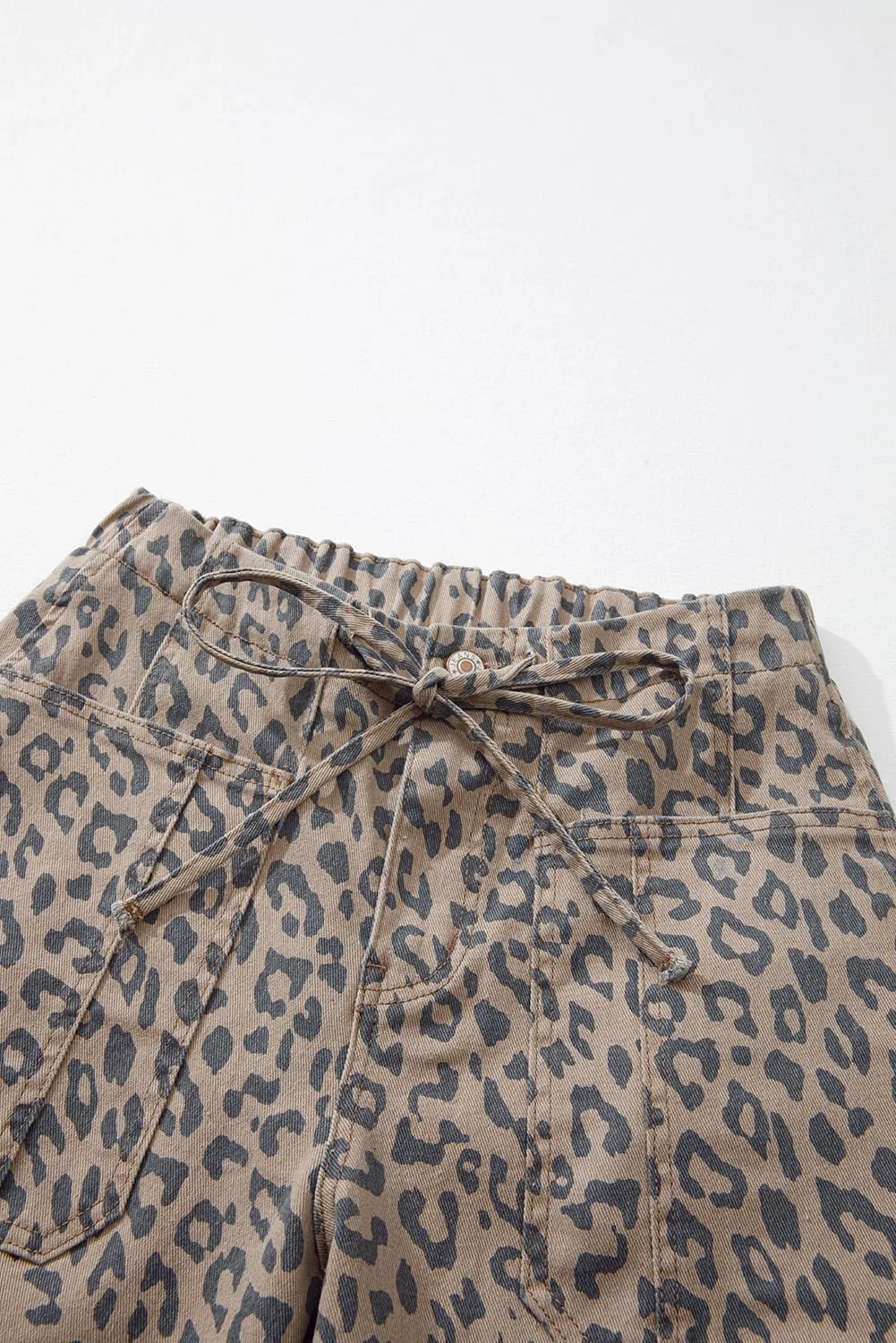 QIVICIMA Straight Leg Jeans for Women Casual Leopard Printed Drawstring Waist Pocketed Wide Leg Jeans Daily Denim Pants