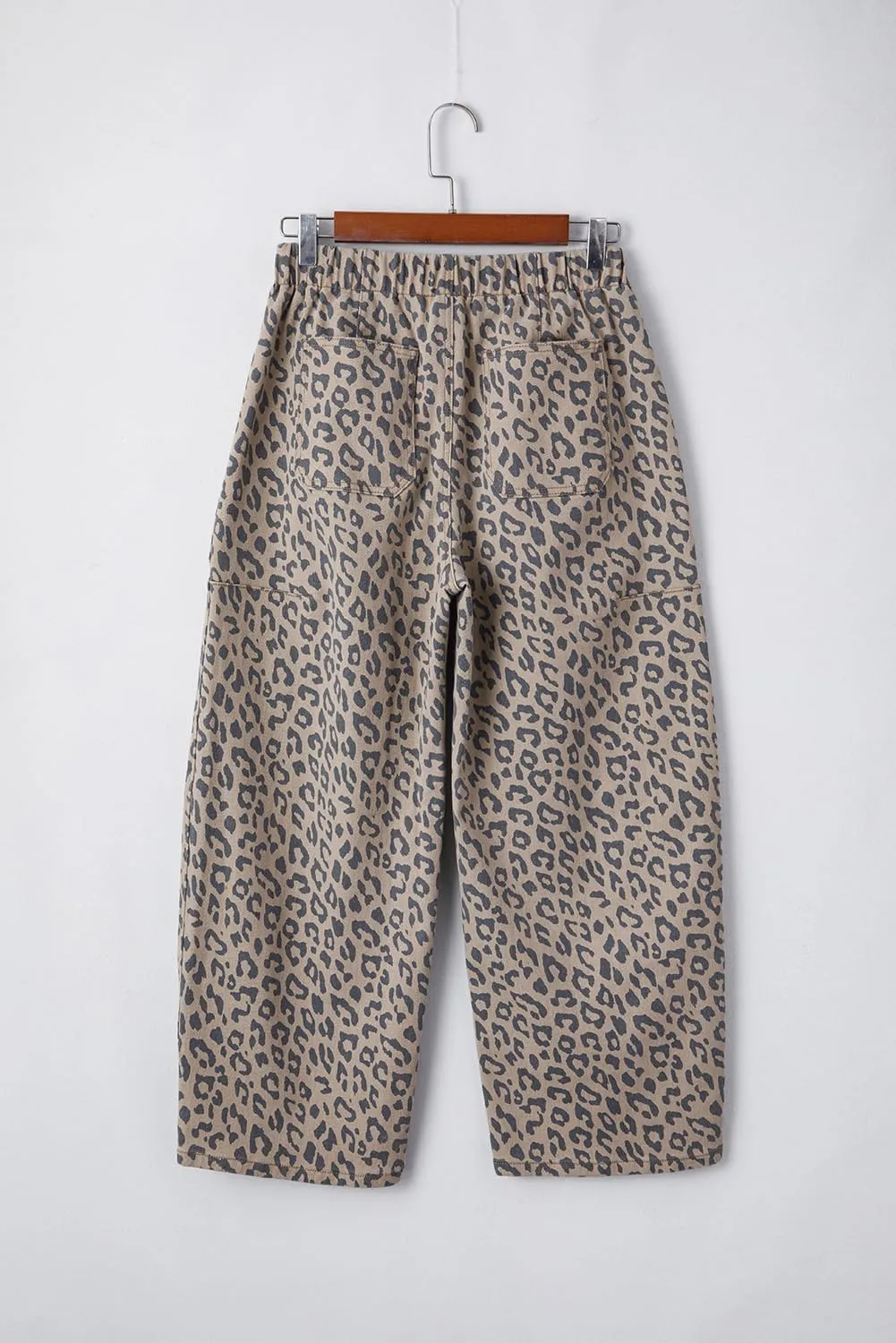 QIVICIMA Straight Leg Jeans for Women Casual Leopard Printed Drawstring Waist Pocketed Wide Leg Jeans Daily Denim Pants