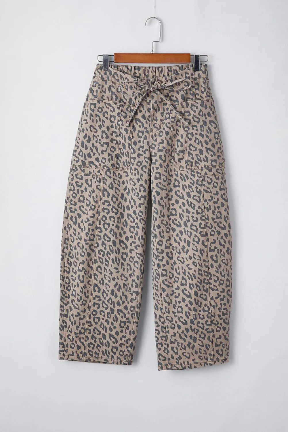 QIVICIMA Straight Leg Jeans for Women Casual Leopard Printed Drawstring Waist Pocketed Wide Leg Jeans Daily Denim Pants