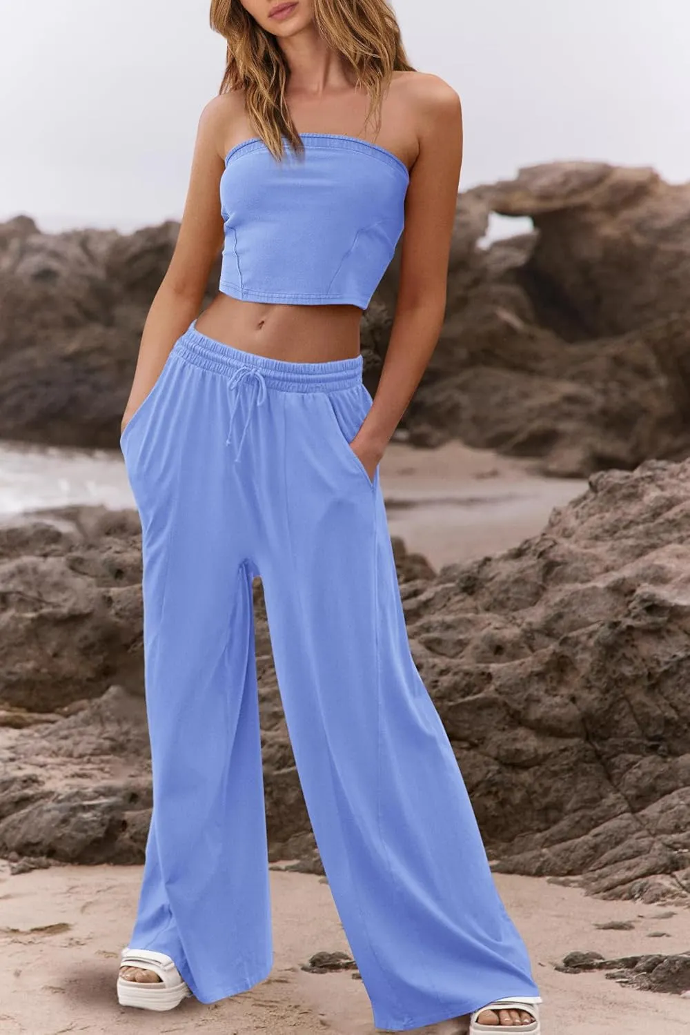 ReachMe Womens 2 Piece Summer Sets Beach Vacation Clothes Smocked Tube Tops and Wide Leg Pants Sets with Pockets