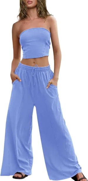 ReachMe Womens 2 Piece Summer Sets Beach Vacation Clothes Smocked Tube Tops and Wide Leg Pants Sets with Pockets