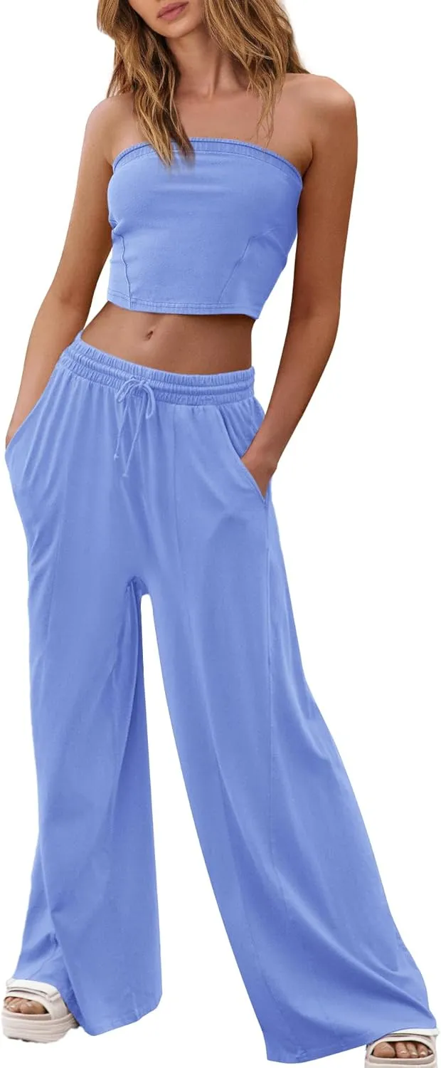 ReachMe Womens 2 Piece Summer Sets Beach Vacation Clothes Smocked Tube Tops and Wide Leg Pants Sets with Pockets
