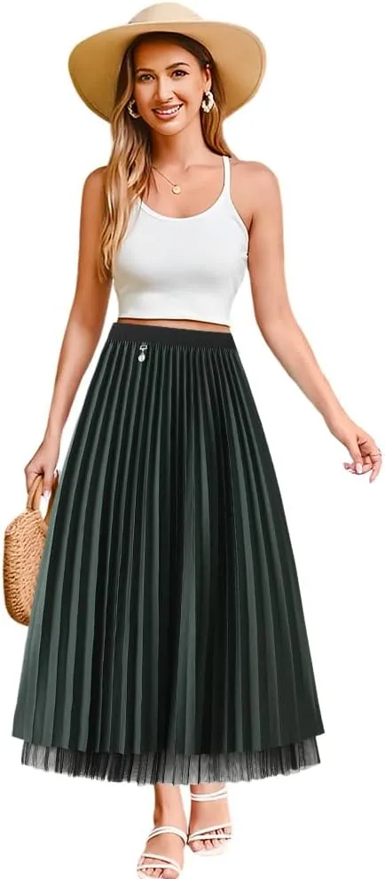 Reversible Pleated Tulle Skirt for Women, Aline Long High Elastic Waisted Summer Flowy Mesh Midi Skirt