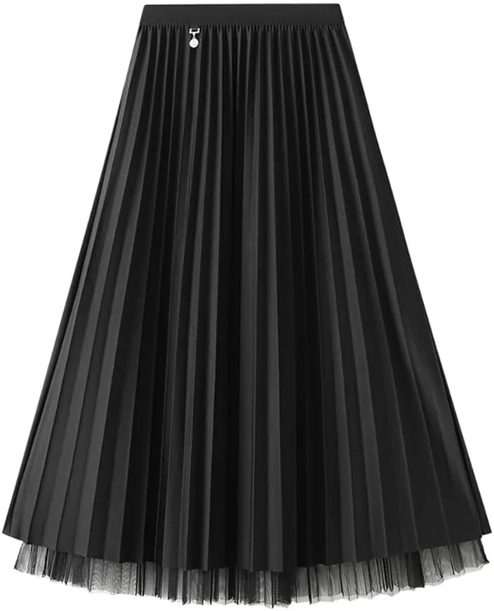 Reversible Pleated Tulle Skirt for Women, Aline Long High Elastic Waisted Summer Flowy Mesh Midi Skirt