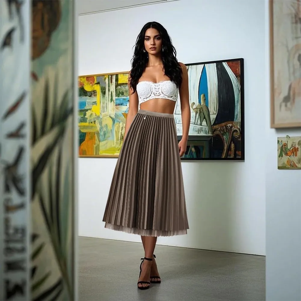 Reversible Pleated Tulle Skirt for Women, Aline Long High Elastic Waisted Summer Flowy Mesh Midi Skirt