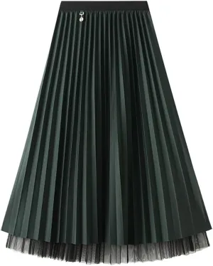 Reversible Pleated Tulle Skirt for Women, Aline Long High Elastic Waisted Summer Flowy Mesh Midi Skirt