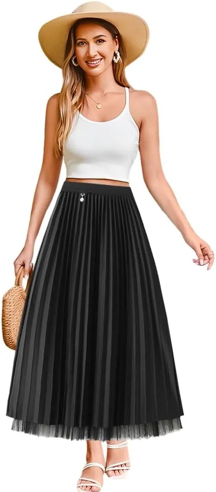 Reversible Pleated Tulle Skirt for Women, Aline Long High Elastic Waisted Summer Flowy Mesh Midi Skirt
