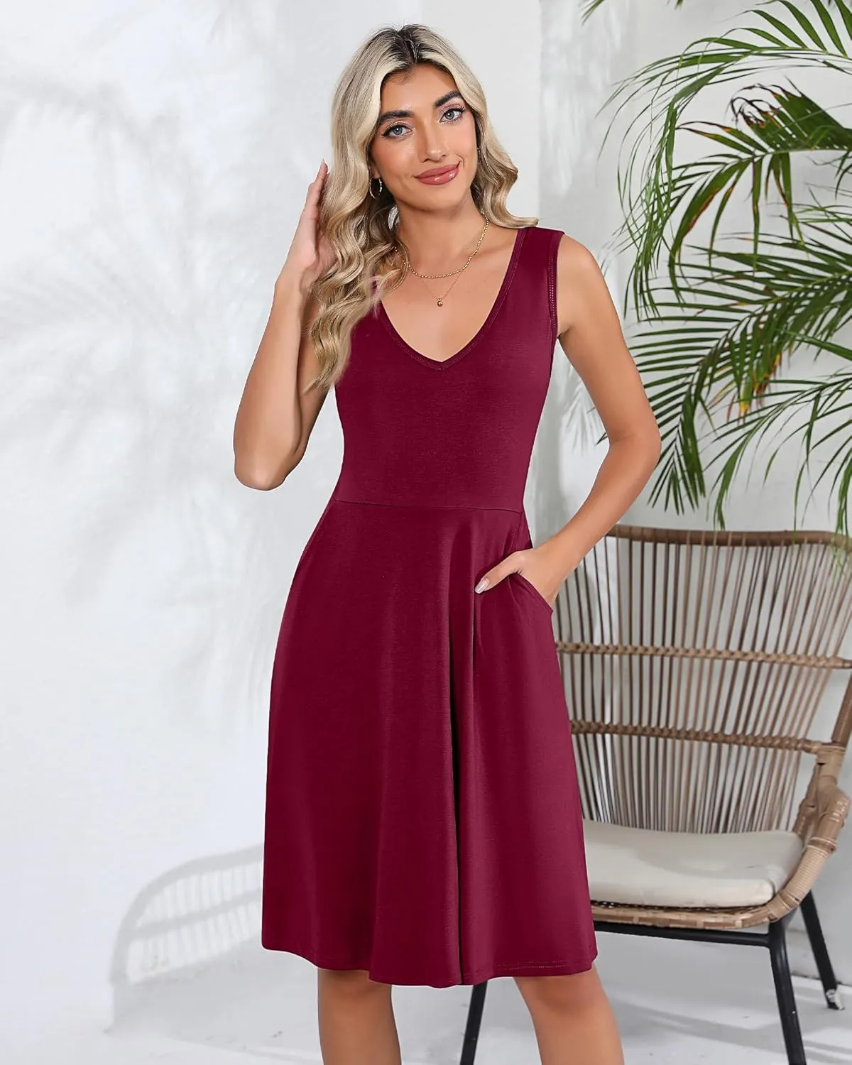 Riyiper 2 Pack Women's Sleeveless V Neck Dress with Pocket Beach Casual Sundress Summer A Line Flared Slim Tank Dress