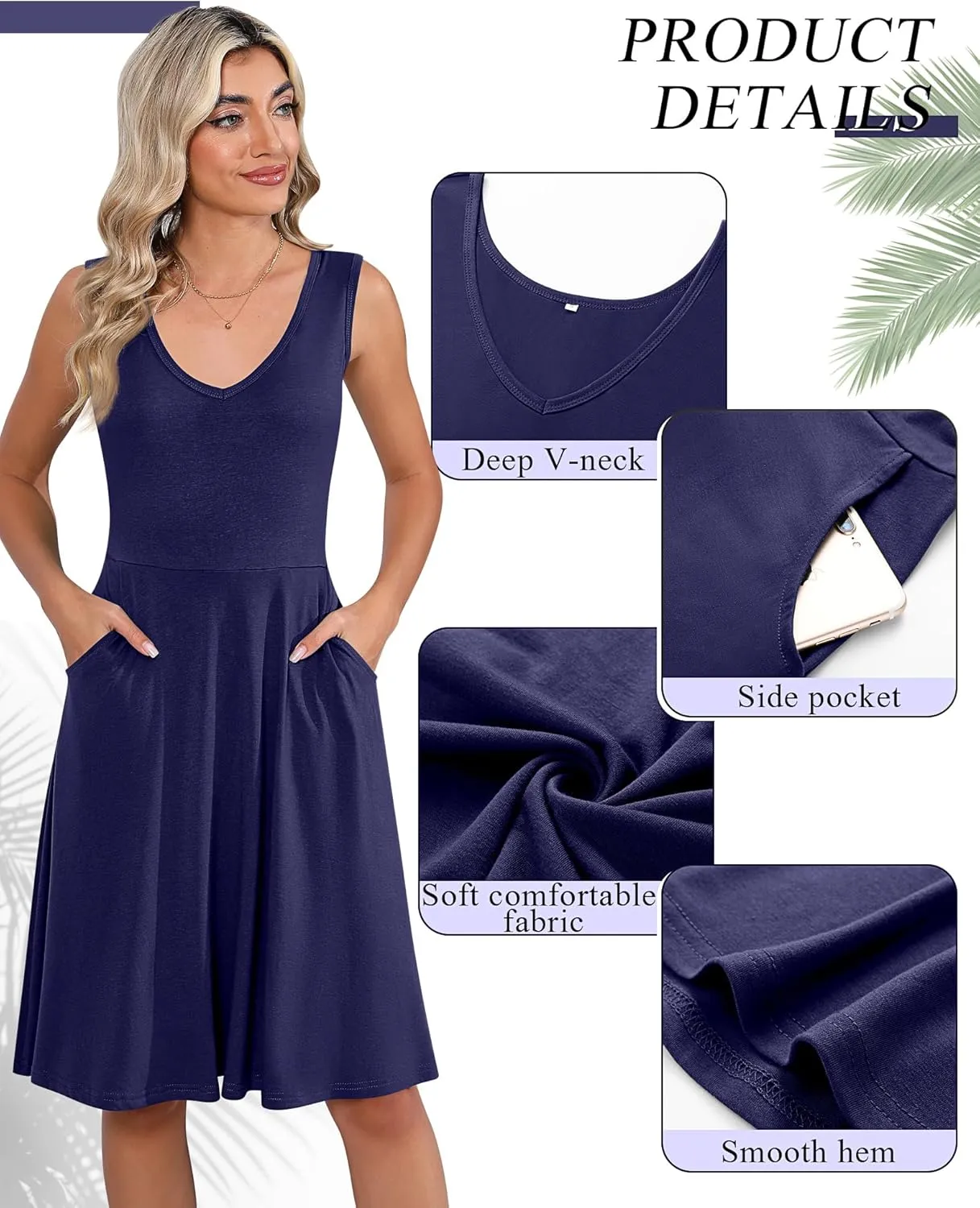Riyiper 2 Pack Women's Sleeveless V Neck Dress with Pocket Beach Casual Sundress Summer A Line Flared Slim Tank Dress