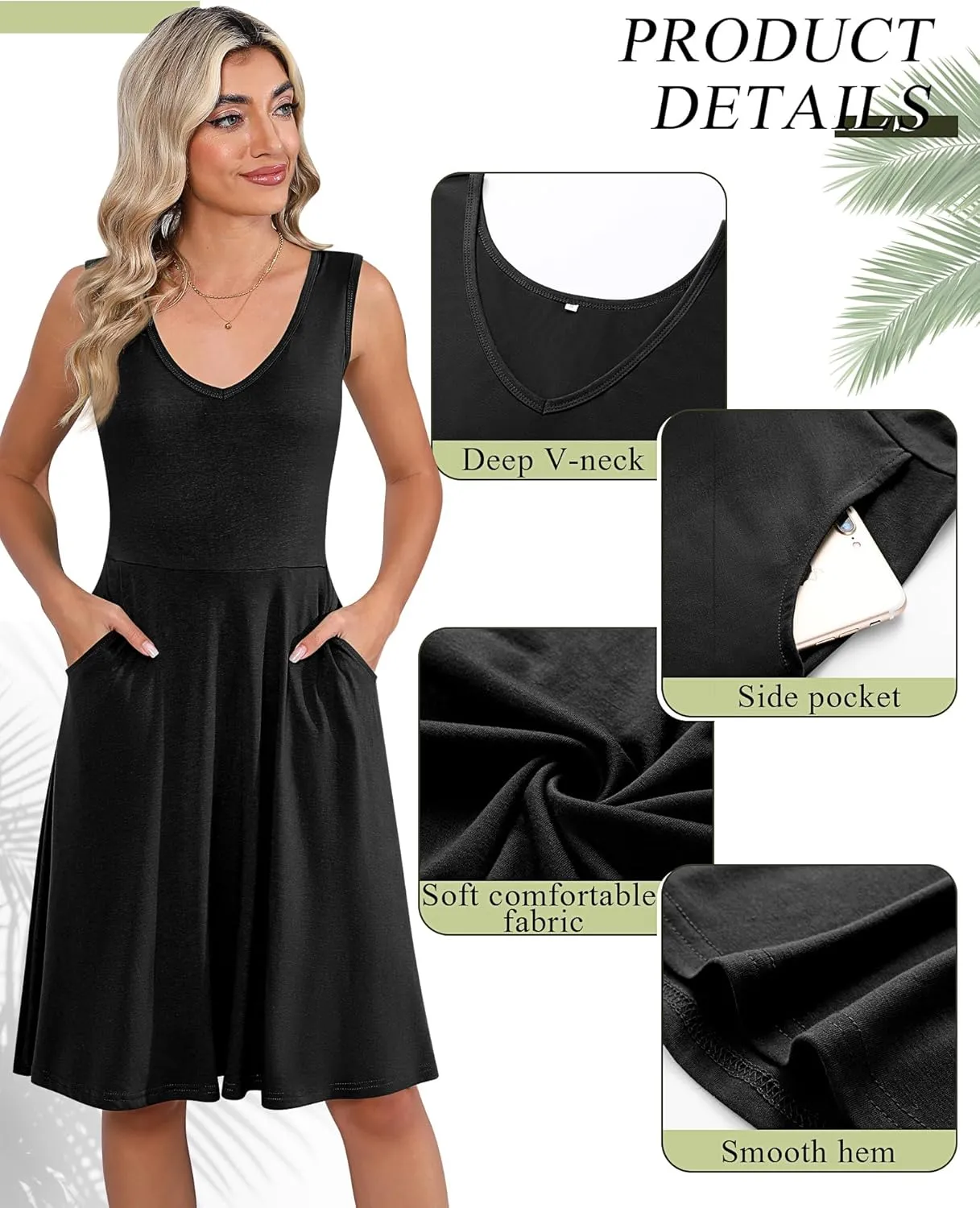 Riyiper 2 Pack Women's Sleeveless V Neck Dress with Pocket Beach Casual Sundress Summer A Line Flared Slim Tank Dress