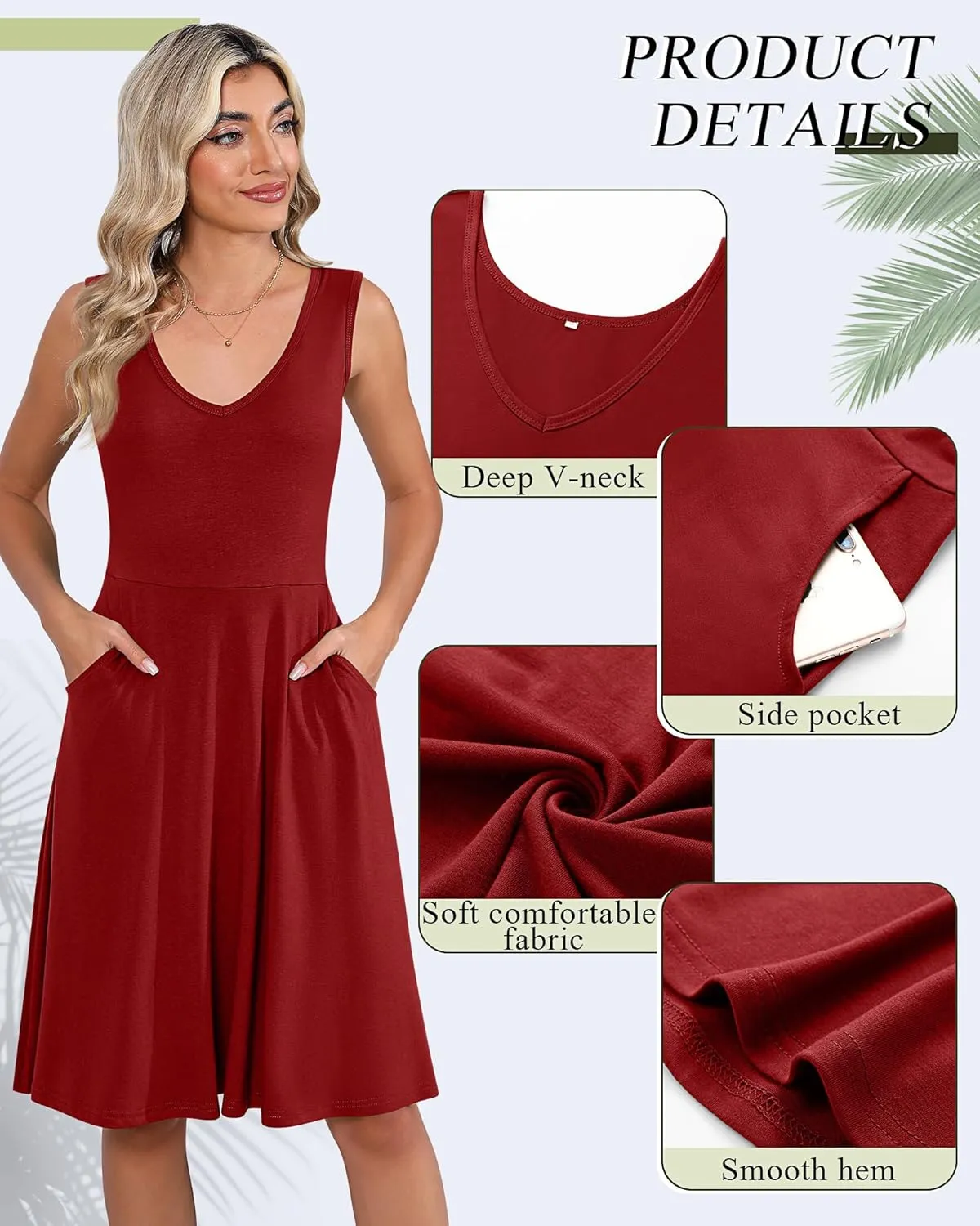 Riyiper 2 Pack Women's Sleeveless V Neck Dress with Pocket Beach Casual Sundress Summer A Line Flared Slim Tank Dress