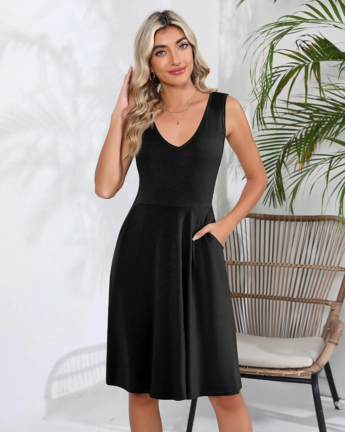 Riyiper 2 Pack Women's Sleeveless V Neck Dress with Pocket Beach Casual Sundress Summer A Line Flared Slim Tank Dress