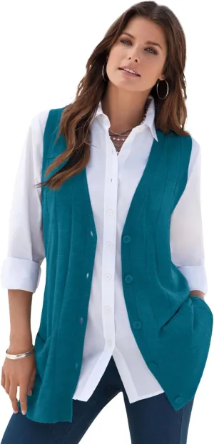 Roaman's Women's Plus Size Fine Gauge Drop Needle Sweater Vest