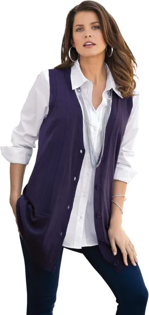Roaman's Women's Plus Size Fine Gauge Drop Needle Sweater Vest