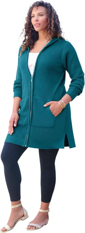 Roaman's Women's Plus Size Mega Length Waffle Zip Hoodie