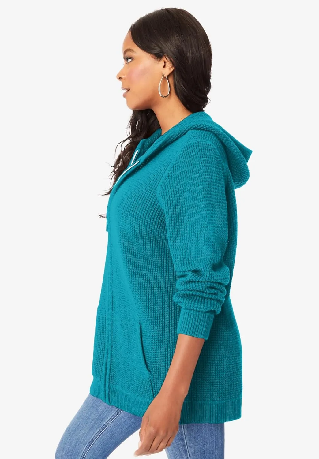 Roaman's Women's Plus Size Thermal Waffle Hoodie Zip Up Cardigan Jacket