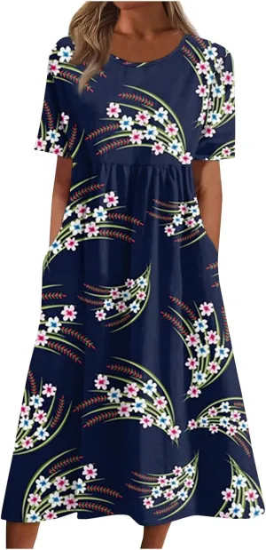 Round Neck Dress Ladies Trendy Short-Sleeve Fashion with Pocket Beach Summer Women's Swing Floral Print 2024 Dresses