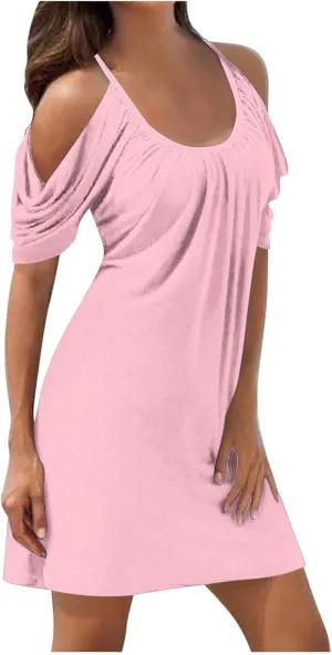 Ruziyoog Summer Casual Cold Shoulder Dress for Women Spaghetti Strap Ruffle Sleeve Sundress Trendy Beach A-Line Mini Dress