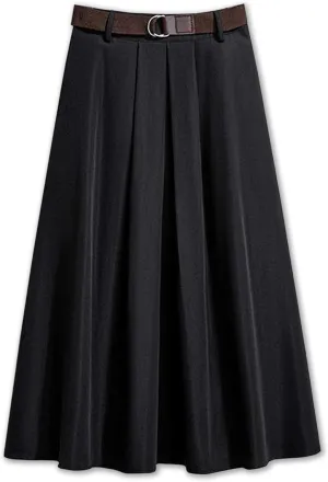 SANGTREE Women's Elastic Back Waist A-Line Solid Color Flared Midi Skirt with Belt