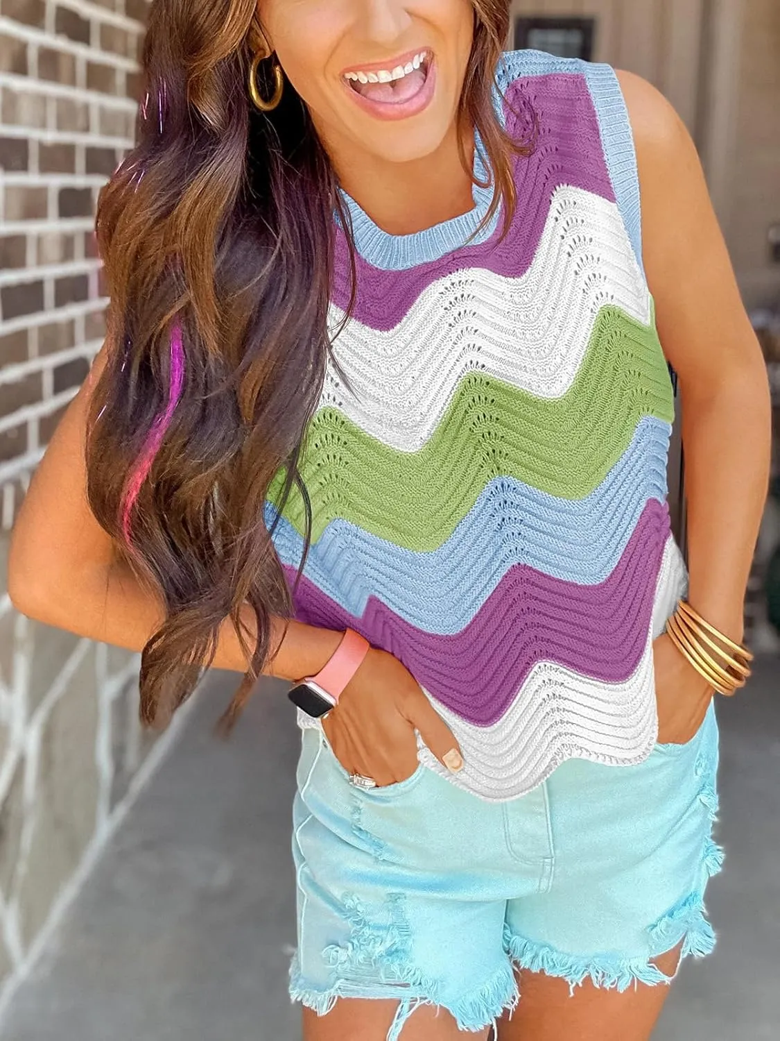 Saodimallsu Womens Summer Striped Tank Top Sleeveless Rainbow Knit Crew Neck Color Block Going Out Cropped Sweater Vest
