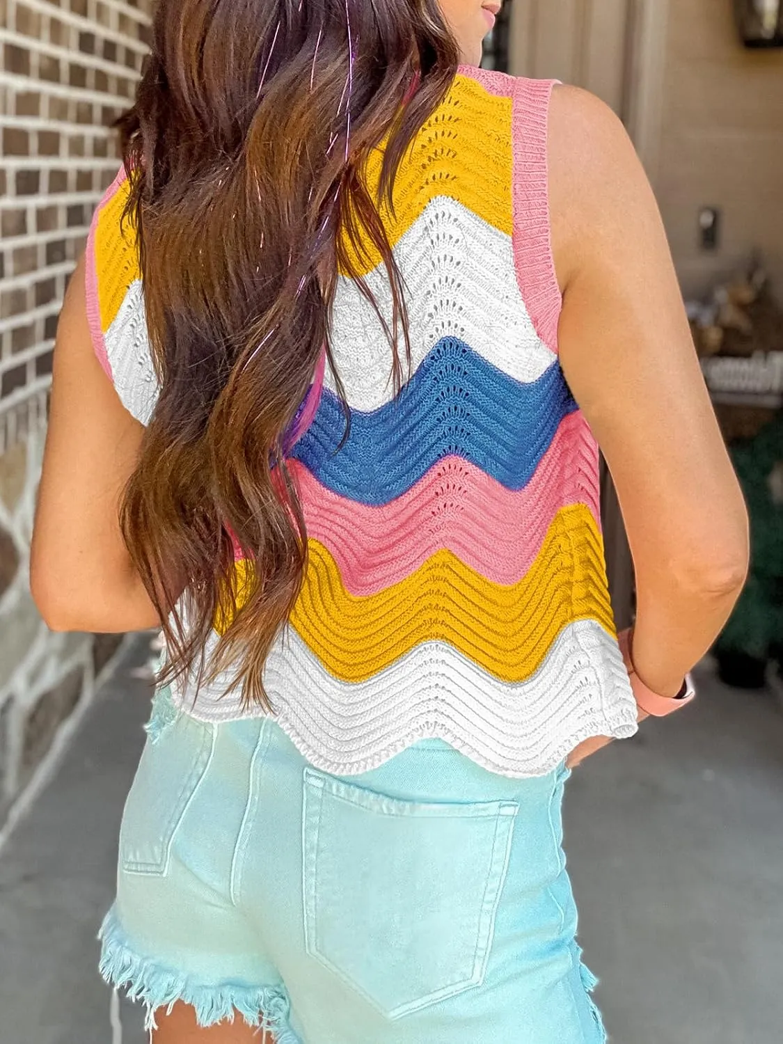 Saodimallsu Womens Summer Striped Tank Top Sleeveless Rainbow Knit Crew Neck Color Block Going Out Cropped Sweater Vest