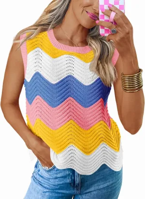 Saodimallsu Womens Summer Striped Tank Top Sleeveless Rainbow Knit Crew Neck Color Block Going Out Cropped Sweater Vest