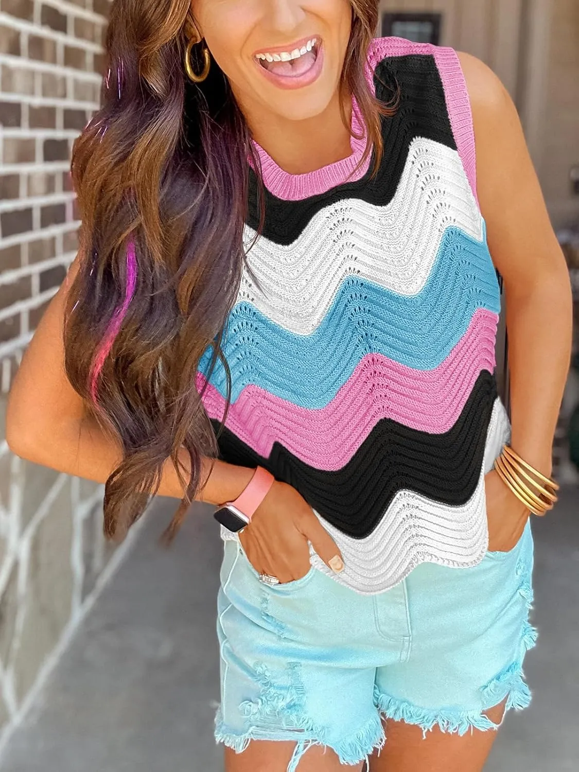 Saodimallsu Womens Summer Striped Tank Top Sleeveless Rainbow Knit Crew Neck Color Block Going Out Cropped Sweater Vest