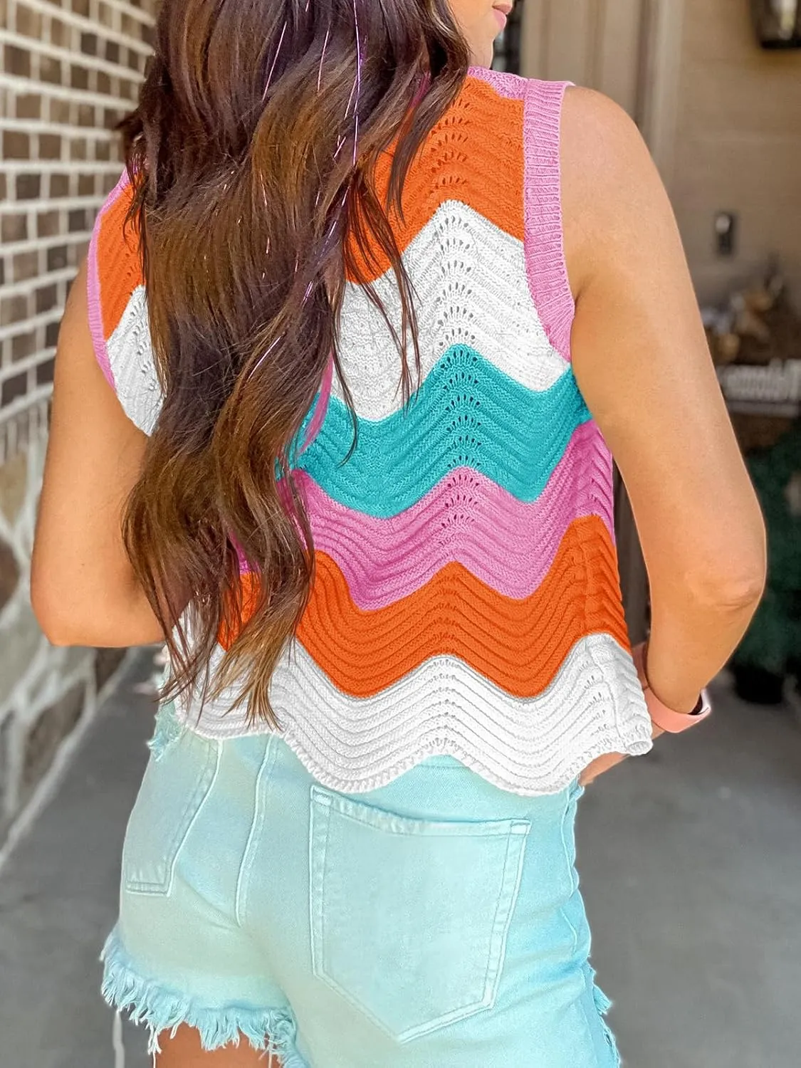 Saodimallsu Womens Summer Striped Tank Top Sleeveless Rainbow Knit Crew Neck Color Block Going Out Cropped Sweater Vest