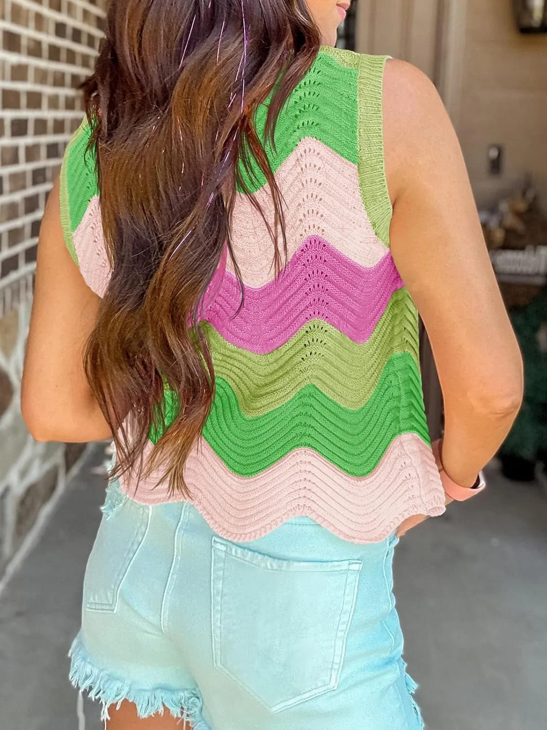 Saodimallsu Womens Summer Striped Tank Top Sleeveless Rainbow Knit Crew Neck Color Block Going Out Cropped Sweater Vest