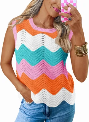 Saodimallsu Womens Summer Striped Tank Top Sleeveless Rainbow Knit Crew Neck Color Block Going Out Cropped Sweater Vest
