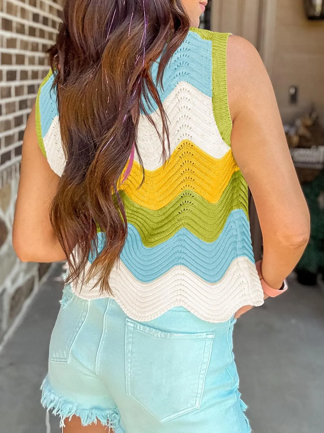 Saodimallsu Womens Summer Striped Tank Top Sleeveless Rainbow Knit Crew Neck Color Block Going Out Cropped Sweater Vest