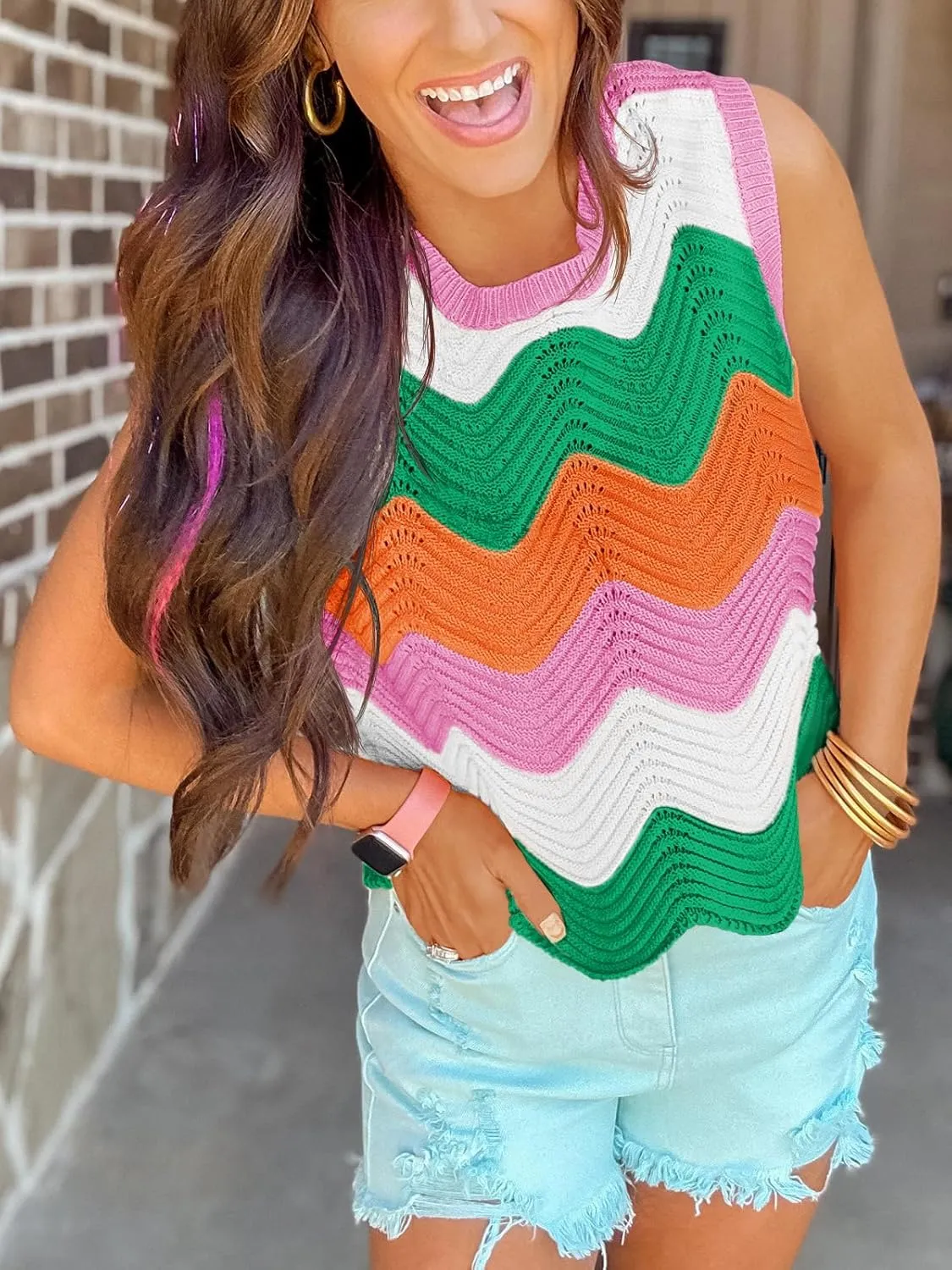 Saodimallsu Womens Summer Striped Tank Top Sleeveless Rainbow Knit Crew Neck Color Block Going Out Cropped Sweater Vest