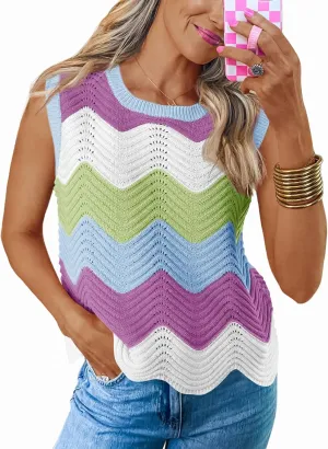 Saodimallsu Womens Summer Striped Tank Top Sleeveless Rainbow Knit Crew Neck Color Block Going Out Cropped Sweater Vest
