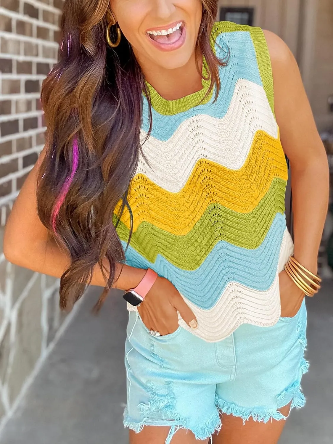 Saodimallsu Womens Summer Striped Tank Top Sleeveless Rainbow Knit Crew Neck Color Block Going Out Cropped Sweater Vest