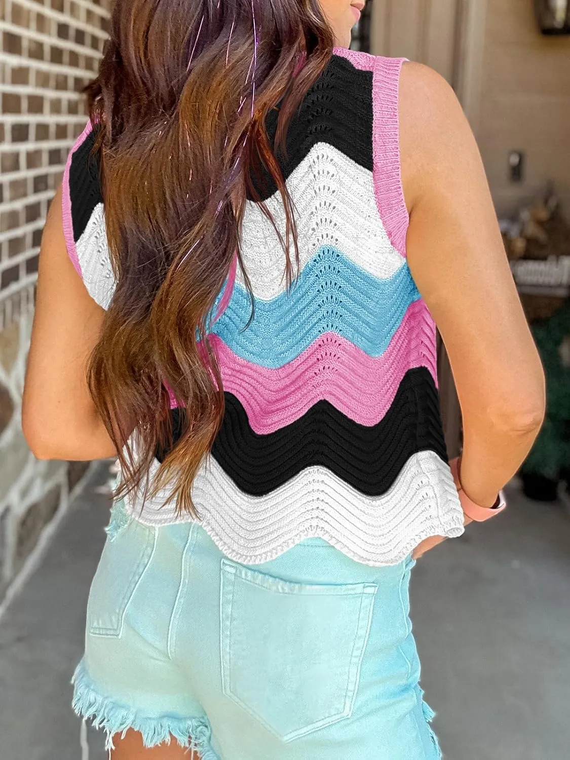 Saodimallsu Womens Summer Striped Tank Top Sleeveless Rainbow Knit Crew Neck Color Block Going Out Cropped Sweater Vest