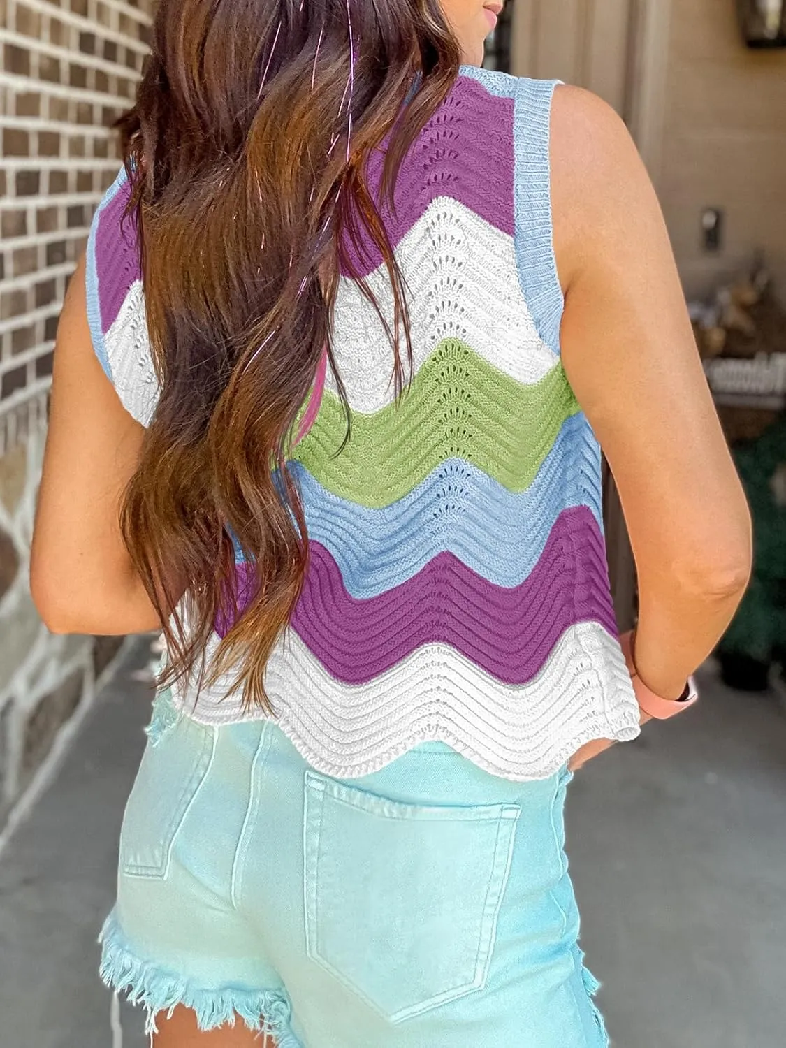 Saodimallsu Womens Summer Striped Tank Top Sleeveless Rainbow Knit Crew Neck Color Block Going Out Cropped Sweater Vest