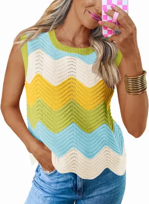 Saodimallsu Womens Summer Striped Tank Top Sleeveless Rainbow Knit Crew Neck Color Block Going Out Cropped Sweater Vest